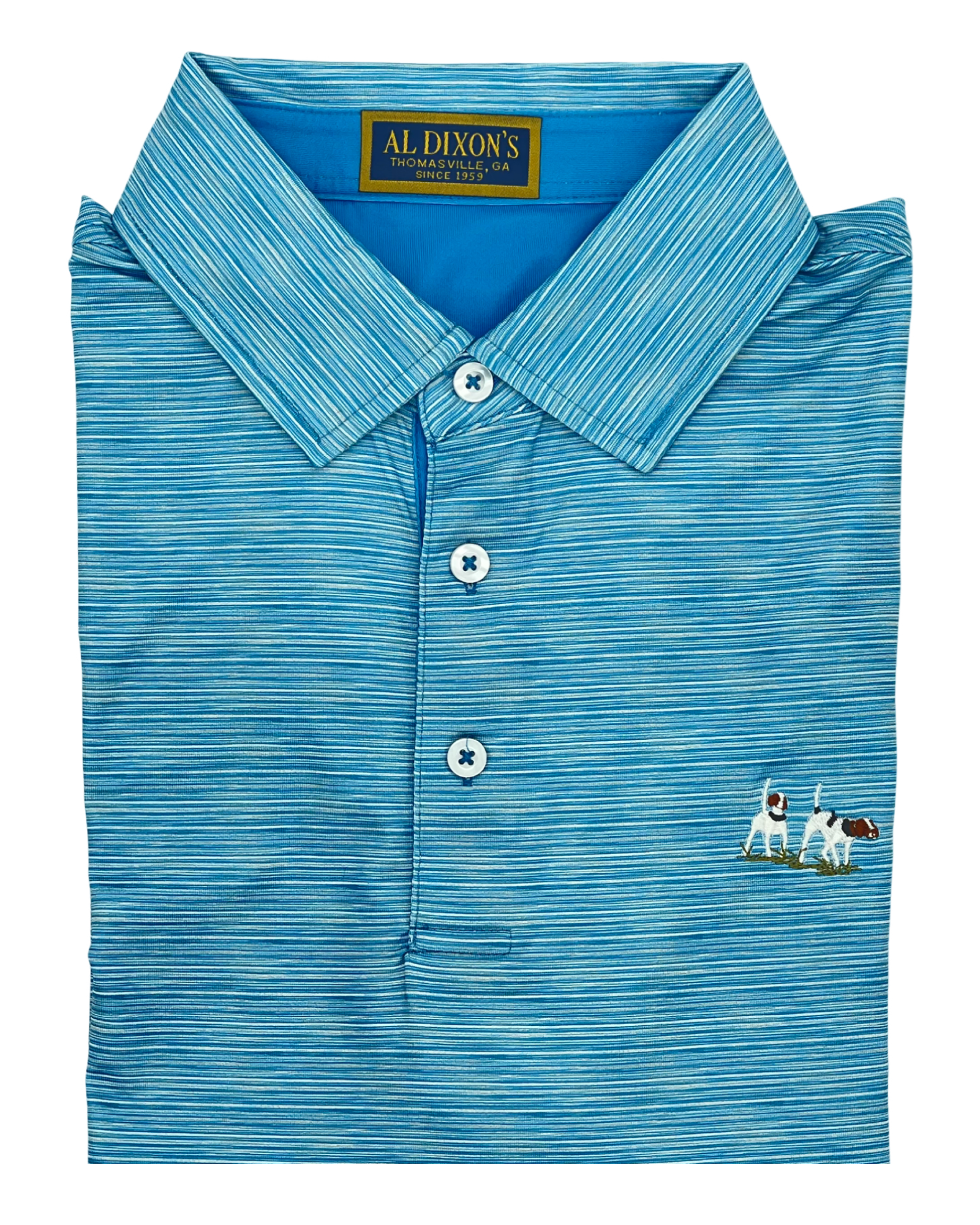 Blue striped polo shirt with a dog design on a white background