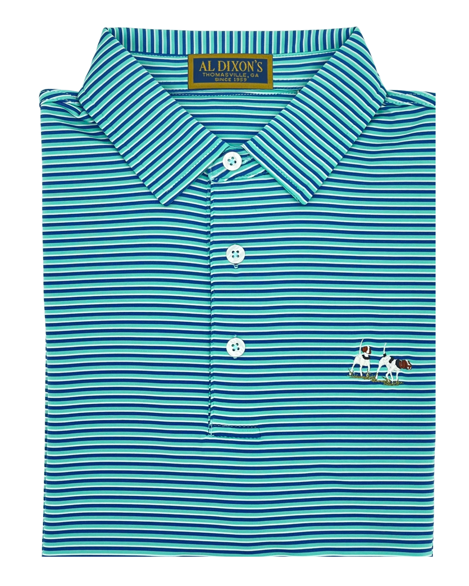 Blue striped polo shirt with a logo on a white background