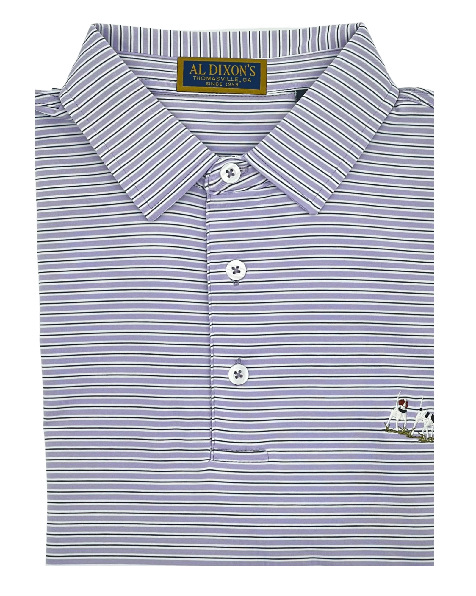 Folded lavender and white striped polo shirt with a brand label on a white background