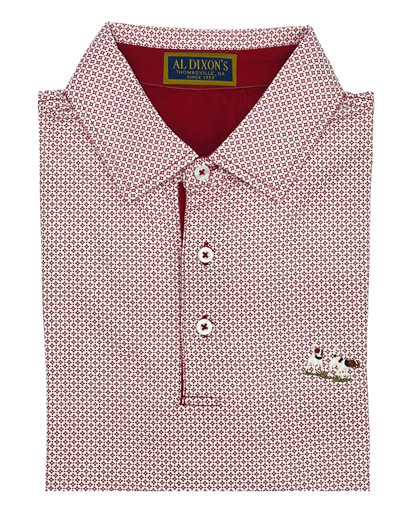 Red patterned shirt with a collar and buttons on a white background, featuring the brand 'Al Dixon's'.